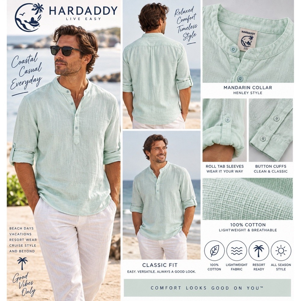 Linen Shirt Men's XXL Mint Green Henley Hardaddy Cotton Roll Tab Beach Boho